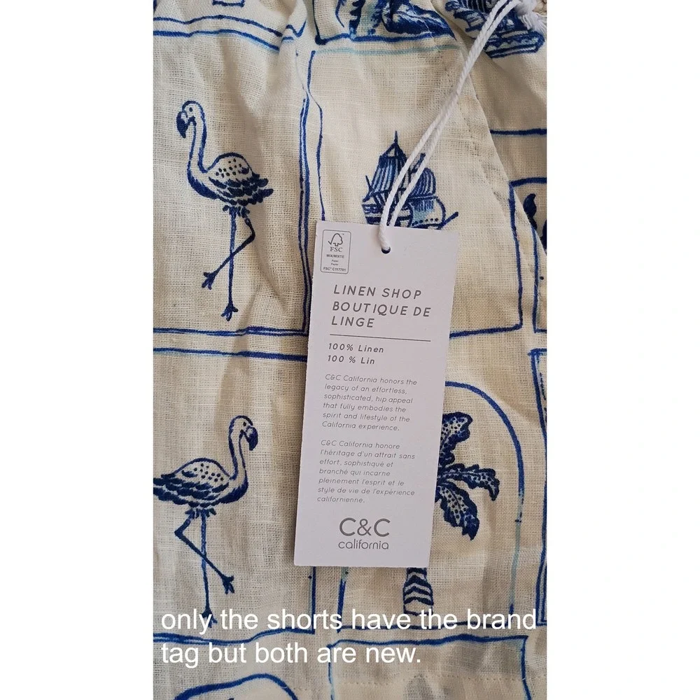 C&C California Linen Matching Set Shirt Shorts Blue White Flamingo Tropical SZ S